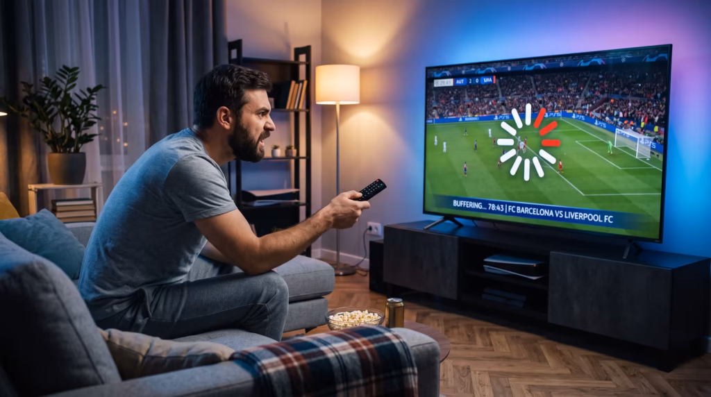 Homme frustré par le buffering avant de découvrir la solution Nexomir