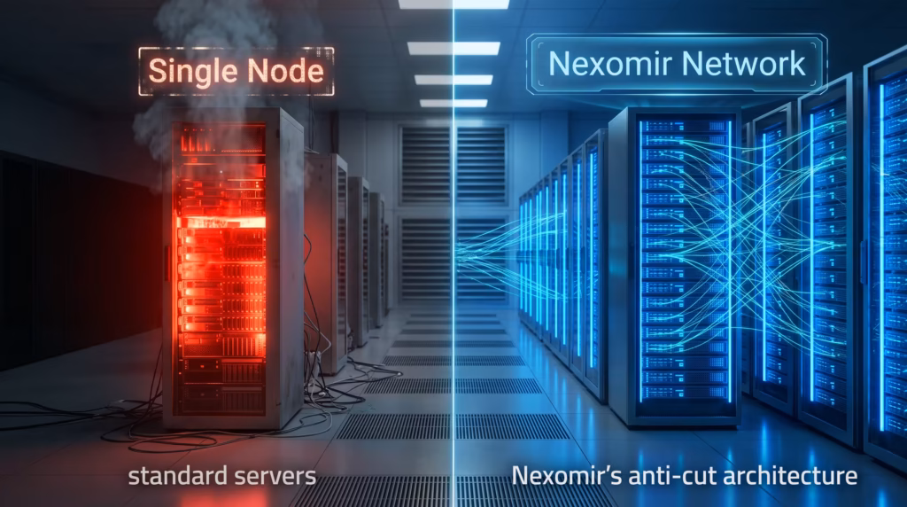 L'architecture des serveurs anti-coupure de Nexomir comparée aux serveurs standards.